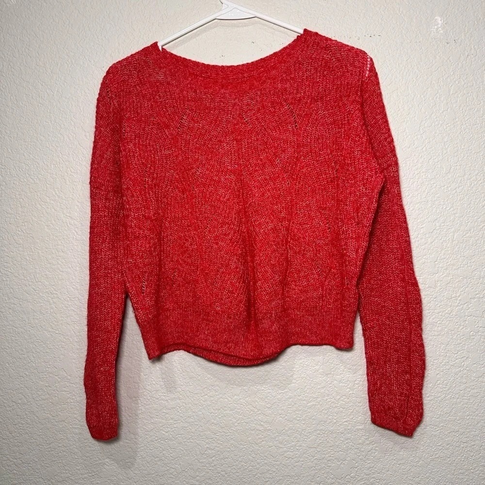 Anthropologie Red Marled Knit Wool Blend Pointelle Cropped Sweater XS
